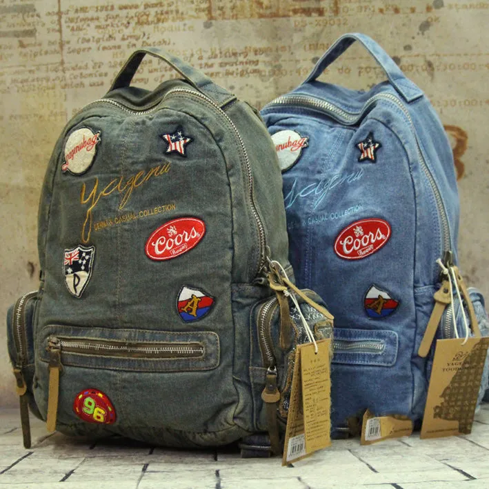 Denim Womens Backpack School Backpack Bag With Stickers Vintage Denim Blue Backpack For Women