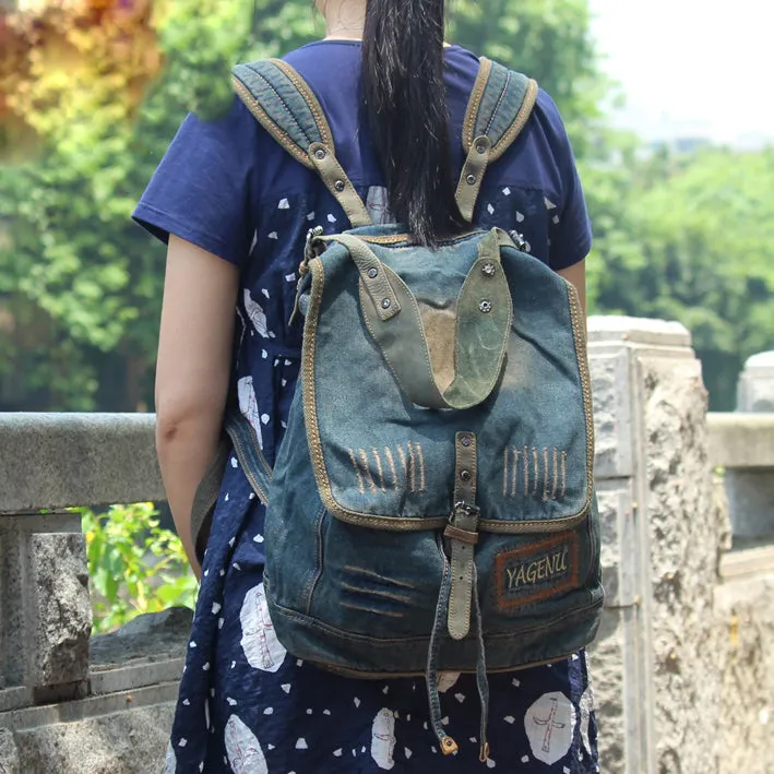 Denim Womens Backpack School Backpack Bag With Stickers Vintage Denim Blue Backpack For Women