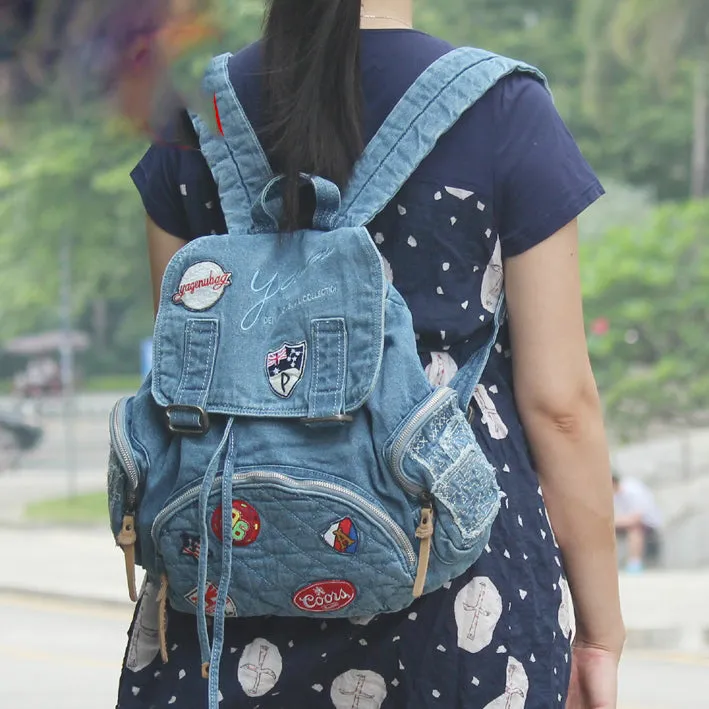 Denim Womens Backpack School Backpack Bag With Stickers Vintage Denim Blue Backpack For Women