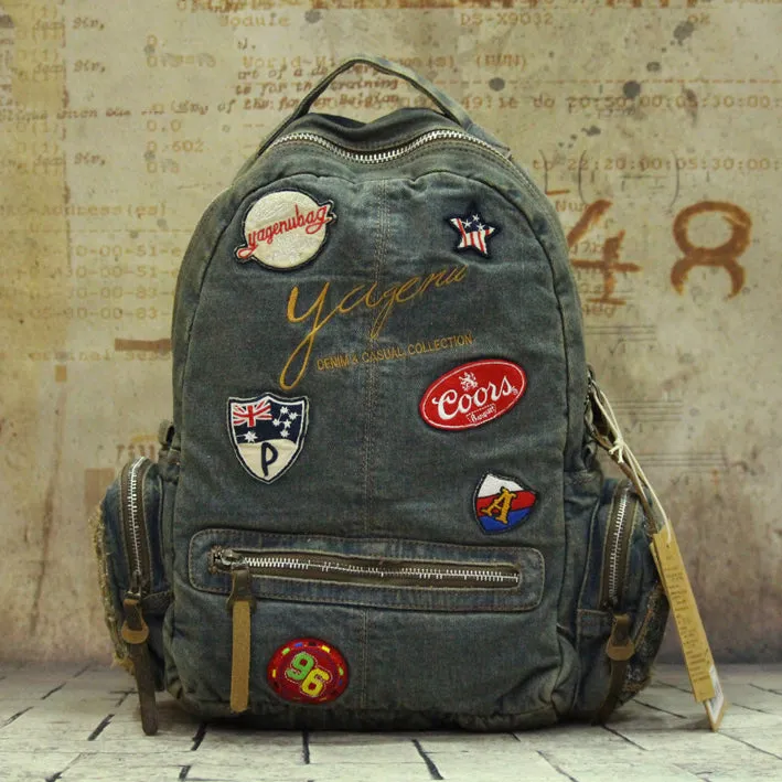 Denim Womens Backpack School Backpack Bag With Stickers Vintage Denim Blue Backpack For Women