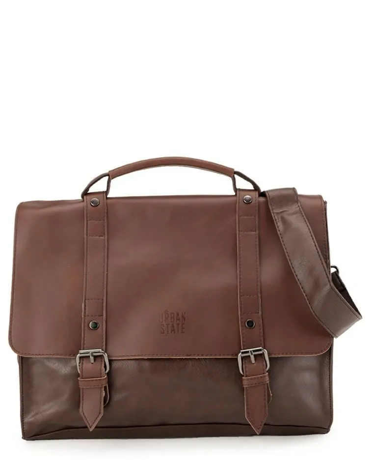 Distressed Leather Compact Office Bag - Dark Brown