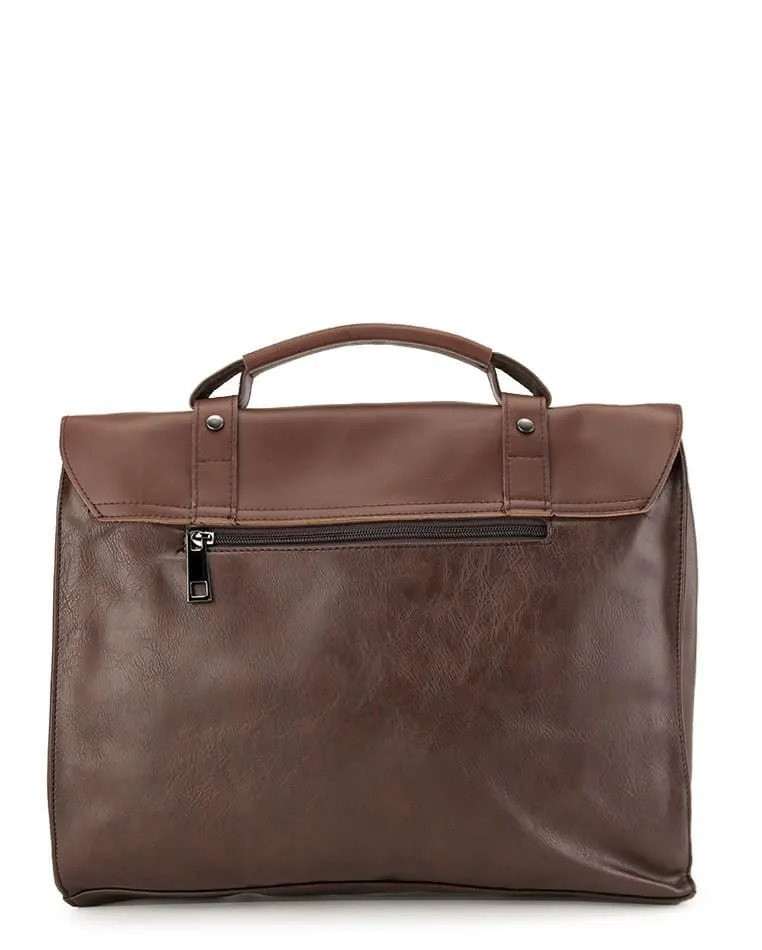 Distressed Leather Compact Office Bag - Dark Brown