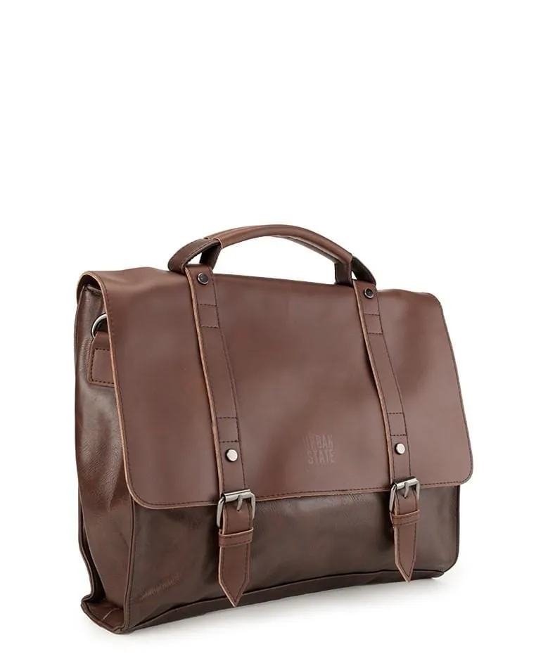 Distressed Leather Compact Office Bag - Dark Brown