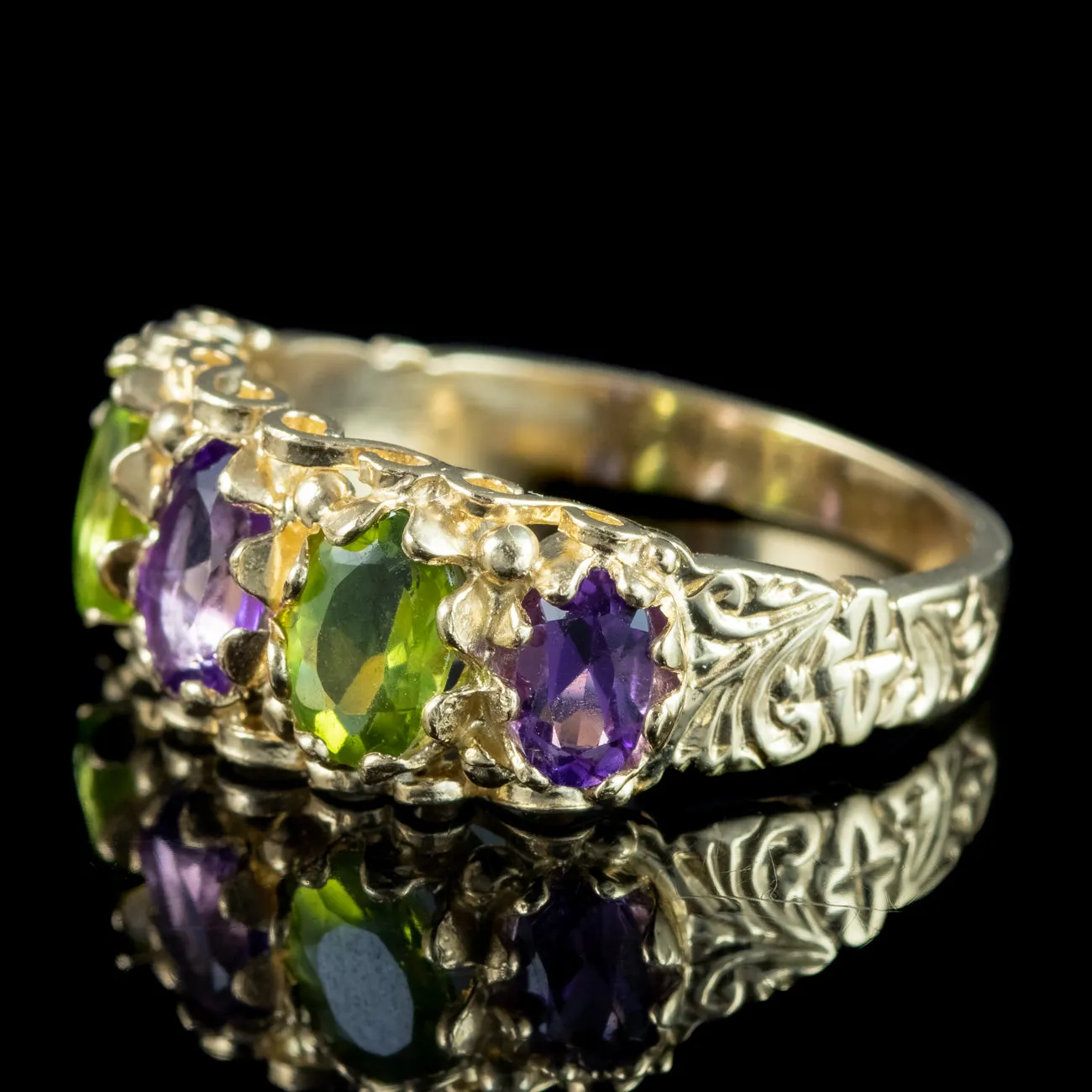 Edwardian Style Suffragette Amethyst Peridot Ring 9ct Gold