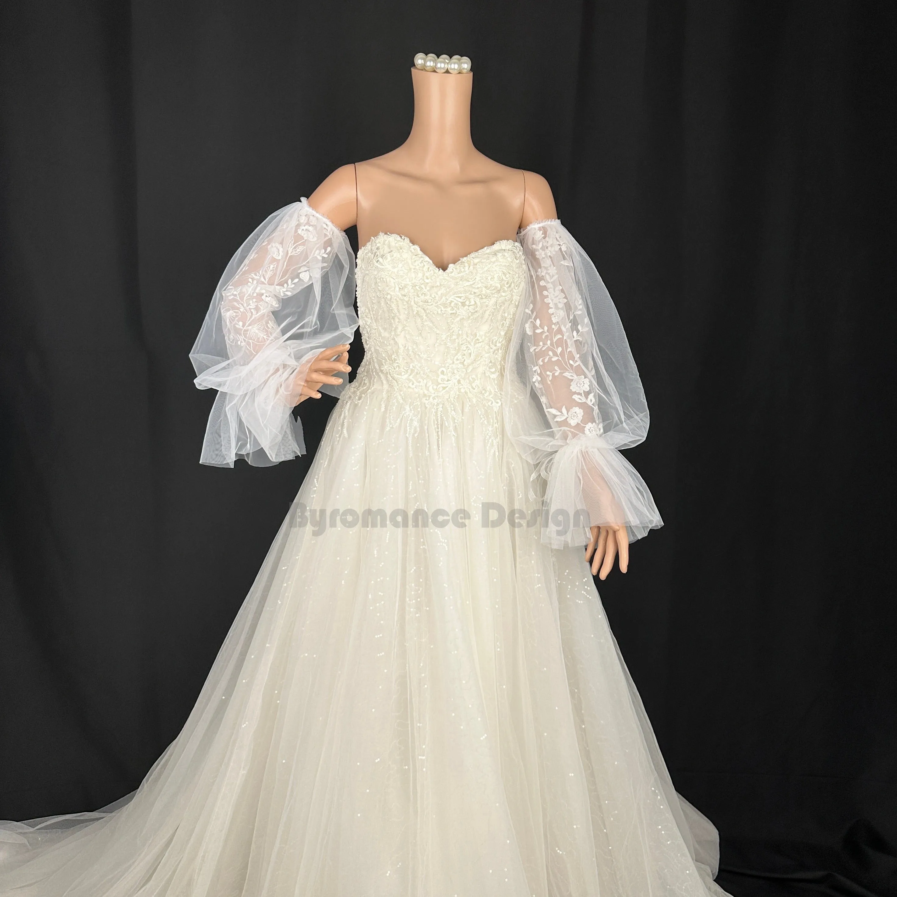 EMALZBY BOHO sheer tulle detach wedding dress sleeve for bridal with ribbon BYRD61