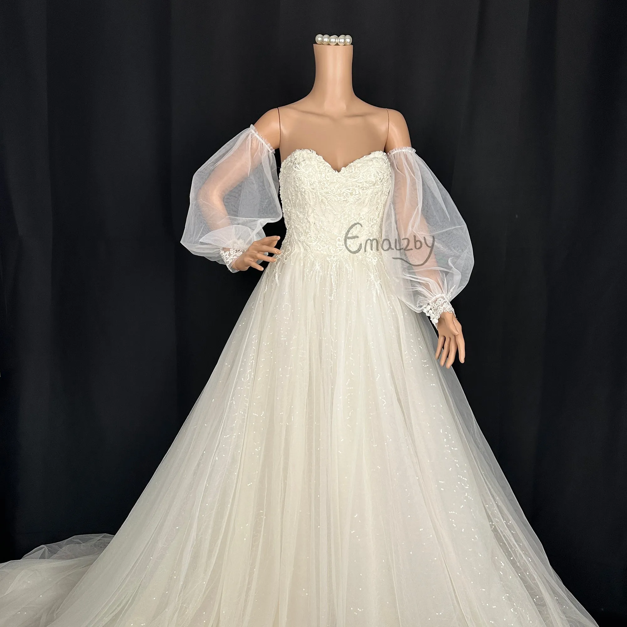 EMALZBY wedding dress tulle detach boho wedding sleeve, button up bridal sleeve