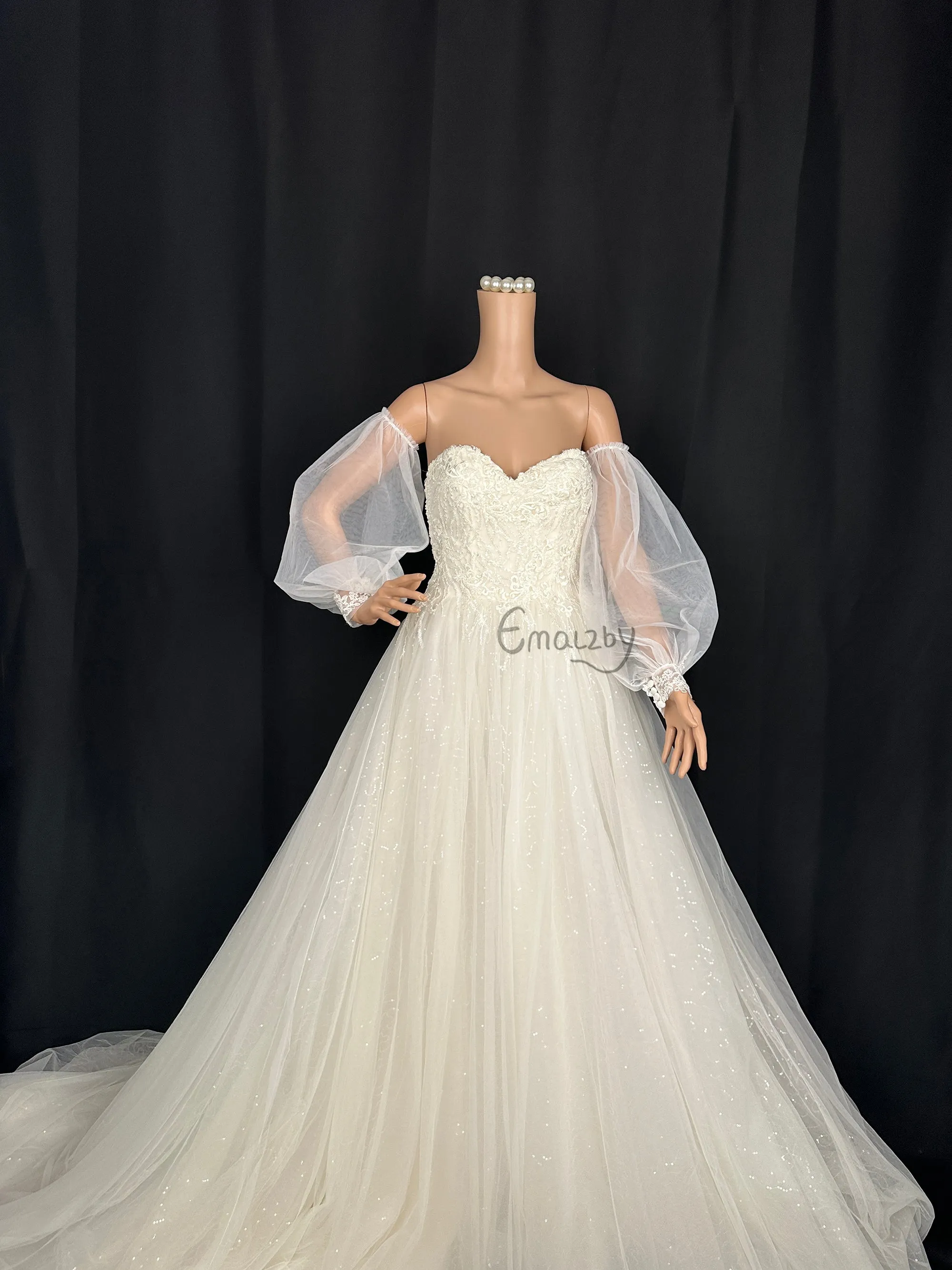 EMALZBY wedding dress tulle detach boho wedding sleeve, button up bridal sleeve