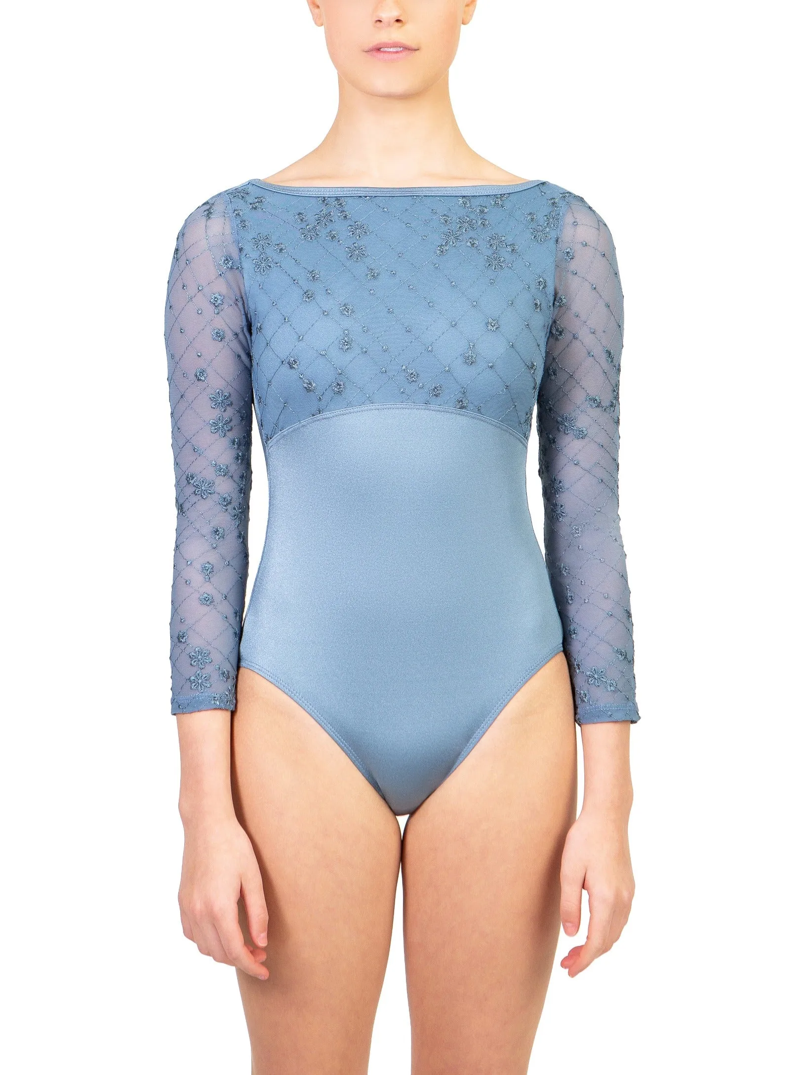 Embroidered Mesh 3/4 Sleeve Leotard