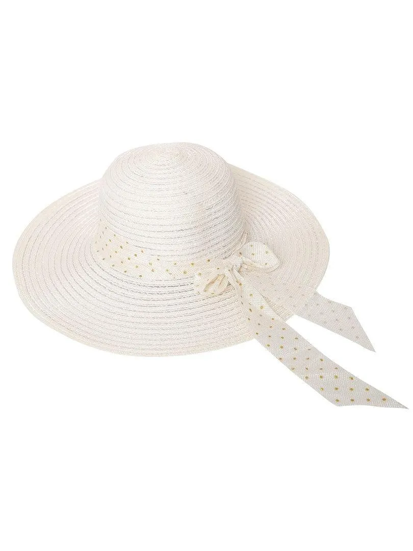 FabSeasons Cream Beach Hat with ribbon