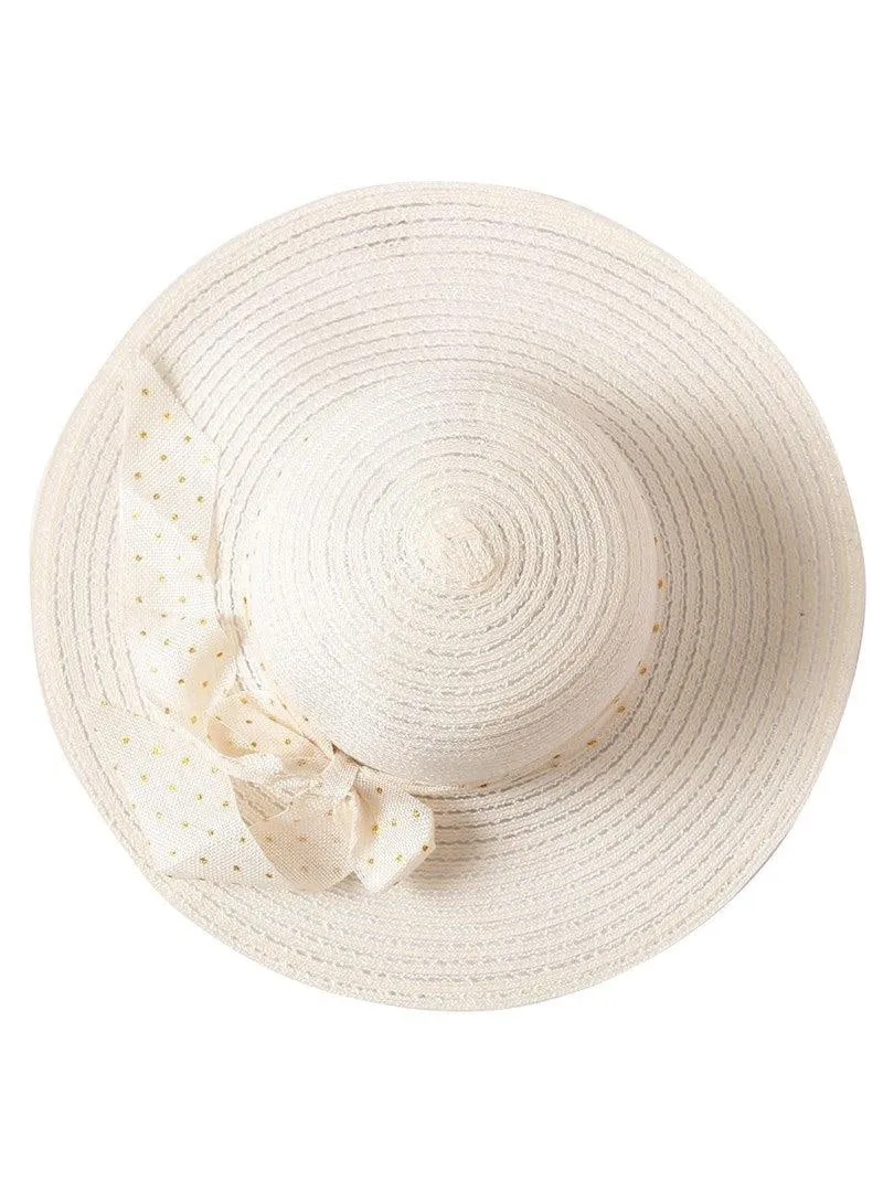 FabSeasons Cream Beach Hat with ribbon