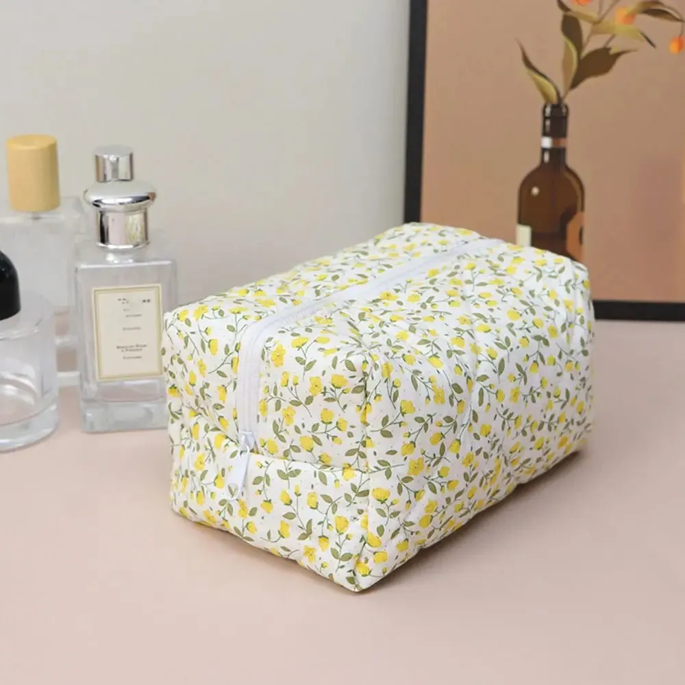 Flower Printed Floral Puffy Quilted Makeup Bag Organizer