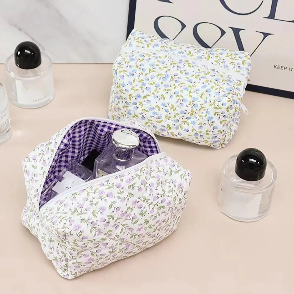 Flower Printed Floral Puffy Quilted Makeup Bag Organizer