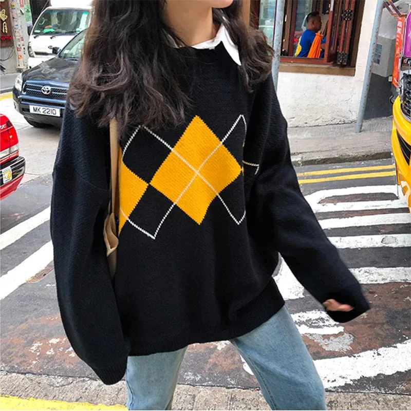 Flytonn-French Vintage Lozenge Pattern Sweater Long Sleeve O-neck Casual Pullover Women Fall Winter Loose Knitwear Jacket Streetwear