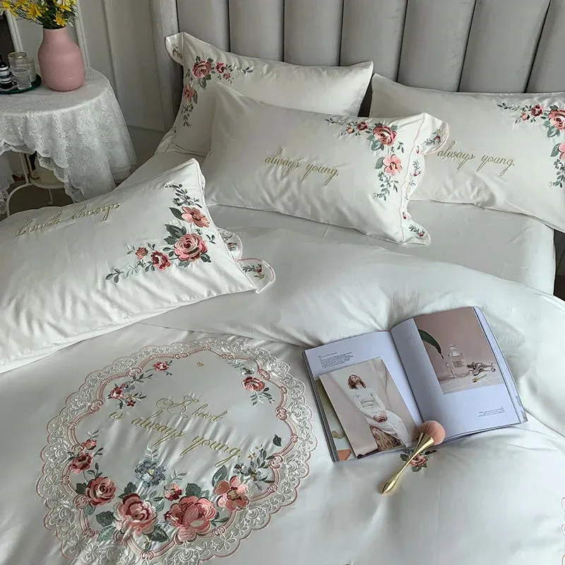 Flytonn-Luxury 100S Egyptian Cotton Bedding Set, White Pastoral Flowers Embroidery, Duvet Cover, Bed Sheet, Fitted Sheet, Pillowcases