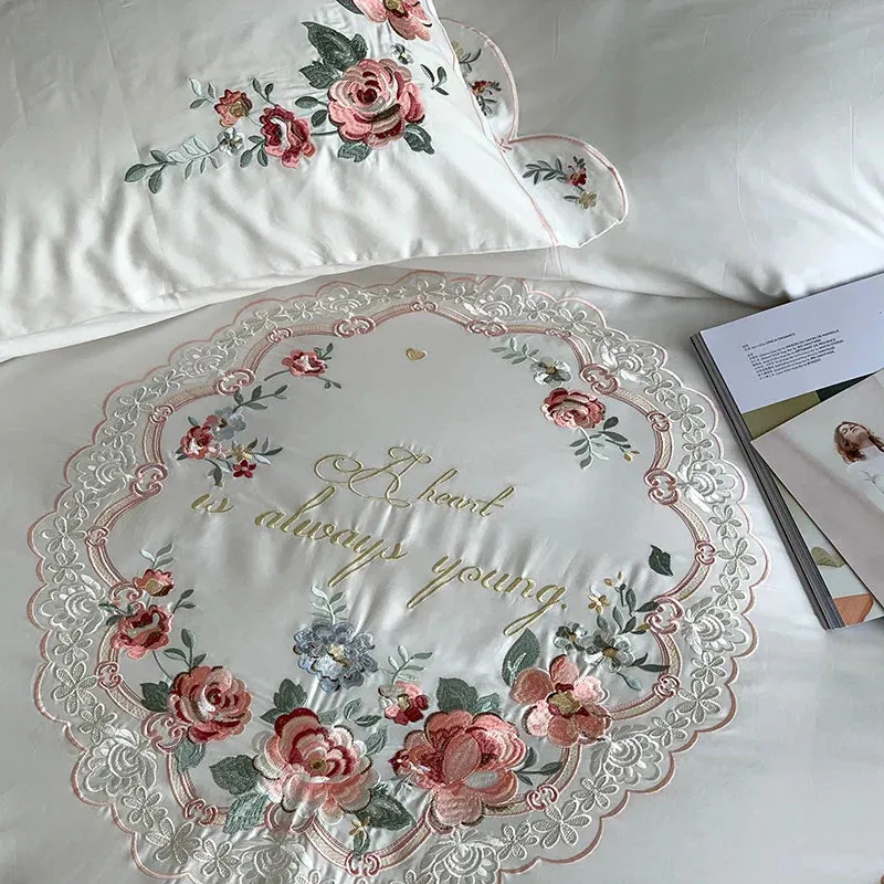 Flytonn-Luxury 100S Egyptian Cotton Bedding Set, White Pastoral Flowers Embroidery, Duvet Cover, Bed Sheet, Fitted Sheet, Pillowcases