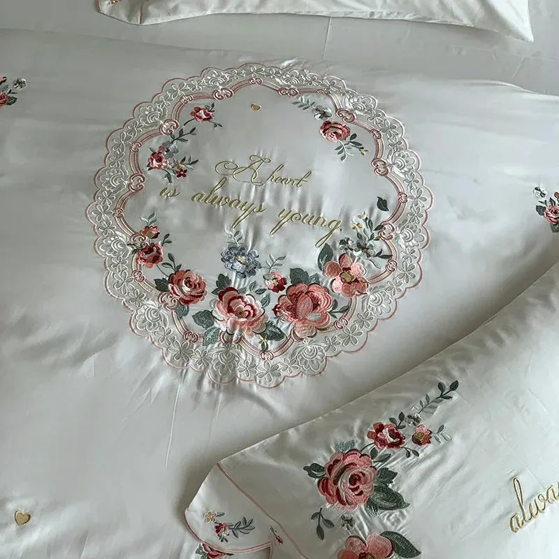 Flytonn-Luxury 100S Egyptian Cotton Bedding Set, White Pastoral Flowers Embroidery, Duvet Cover, Bed Sheet, Fitted Sheet, Pillowcases