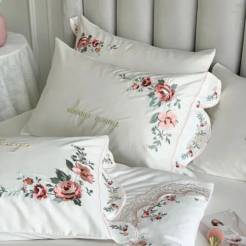 Flytonn-Luxury 100S Egyptian Cotton Bedding Set, White Pastoral Flowers Embroidery, Duvet Cover, Bed Sheet, Fitted Sheet, Pillowcases