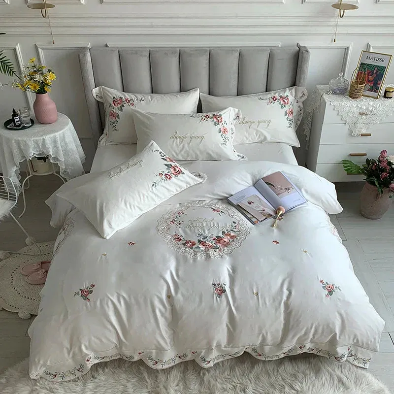 Flytonn-Luxury 100S Egyptian Cotton Bedding Set, White Pastoral Flowers Embroidery, Duvet Cover, Bed Sheet, Fitted Sheet, Pillowcases