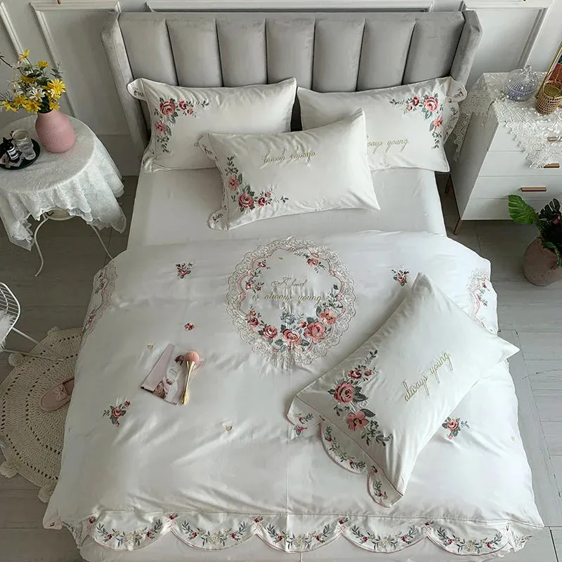 Flytonn-Luxury 100S Egyptian Cotton Bedding Set, White Pastoral Flowers Embroidery, Duvet Cover, Bed Sheet, Fitted Sheet, Pillowcases