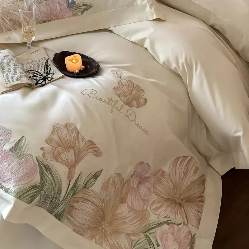 Flytonn-Luxury Flowers Embroidery Bedding Set Home Textile Cream White 1000TC Egyptian Cotton Princess Quilt Cover Bed Sheet Pillowcases