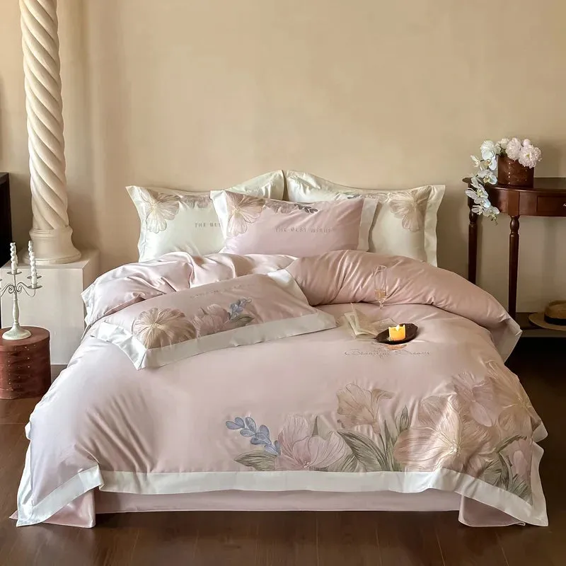 Flytonn-Luxury Flowers Embroidery Bedding Set Home Textile Cream White 1000TC Egyptian Cotton Princess Quilt Cover Bed Sheet Pillowcases