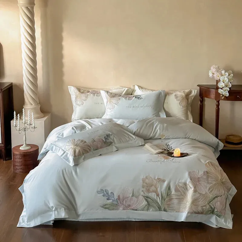 Flytonn-Luxury Flowers Embroidery Bedding Set Home Textile Cream White 1000TC Egyptian Cotton Princess Quilt Cover Bed Sheet Pillowcases