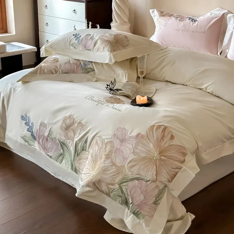 Flytonn-Luxury Flowers Embroidery Bedding Set Home Textile Cream White 1000TC Egyptian Cotton Princess Quilt Cover Bed Sheet Pillowcases