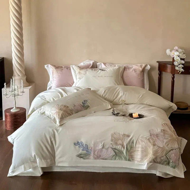 Flytonn-Luxury Flowers Embroidery Bedding Set Home Textile Cream White 1000TC Egyptian Cotton Princess Quilt Cover Bed Sheet Pillowcases