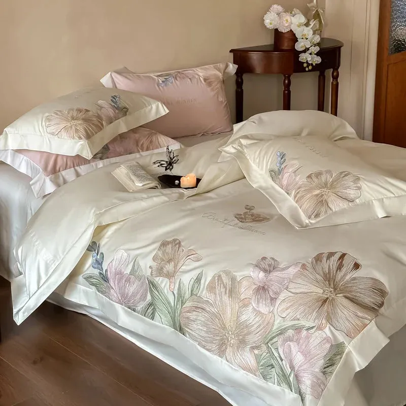 Flytonn-Luxury Flowers Embroidery Bedding Set Home Textile Cream White 1000TC Egyptian Cotton Princess Quilt Cover Bed Sheet Pillowcases