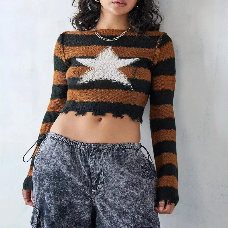 Flytonn-Y2K Vintage Star Striped Knit Pullover Harajuku Aesthetic Japanese Crochet Sweater Women Contrast Long Sleeve Ripped Jumpers