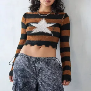 Flytonn-Y2K Vintage Star Striped Knit Pullover Harajuku Aesthetic Japanese Crochet Sweater Women Contrast Long Sleeve Ripped Jumpers