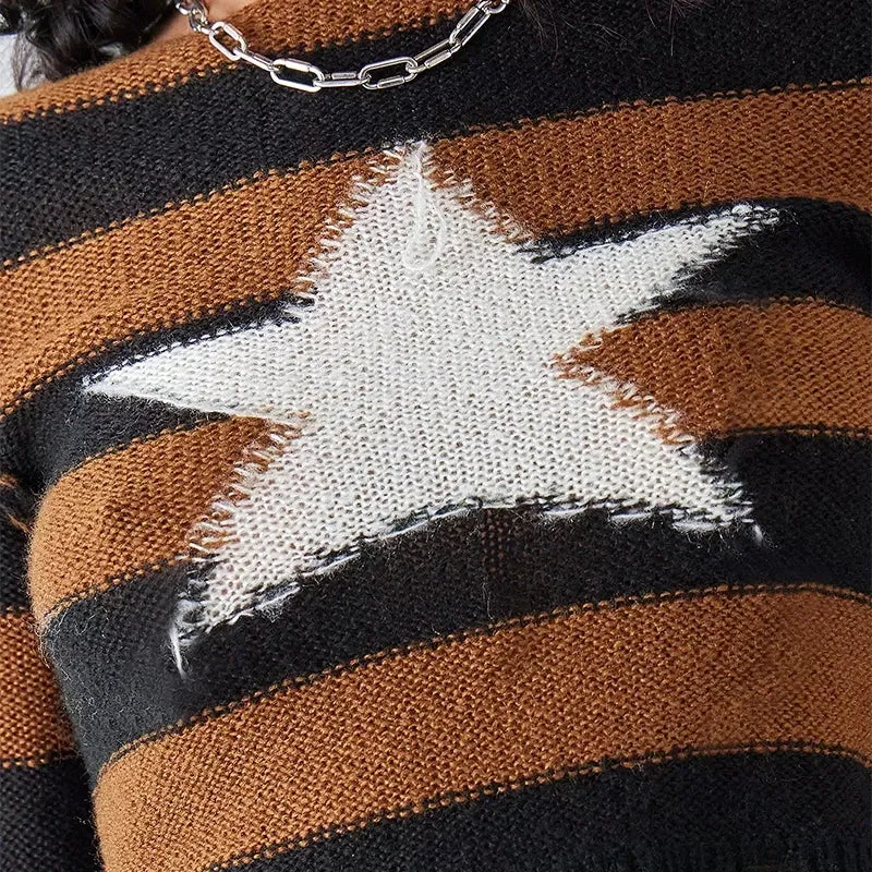 Flytonn-Y2K Vintage Star Striped Knit Pullover Harajuku Aesthetic Japanese Crochet Sweater Women Contrast Long Sleeve Ripped Jumpers