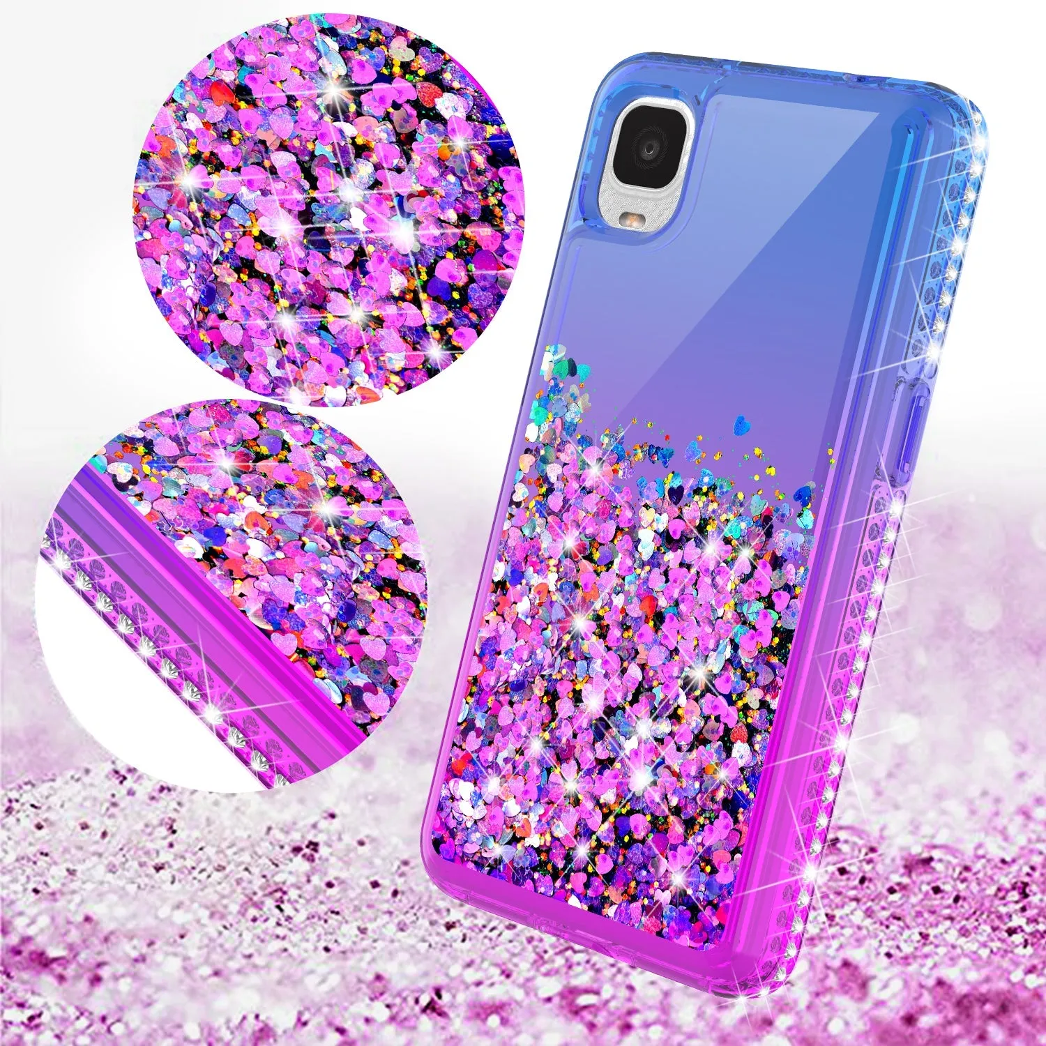 For TCL ION Z/A3 Case Liquid Glitter Phone Case Waterfall Floating Quicksand Bling Sparkle Cute Protective Girls Women Cover for TCL ION Z/A3 W/Temper Glass -  (Blue/Purple Gradient)