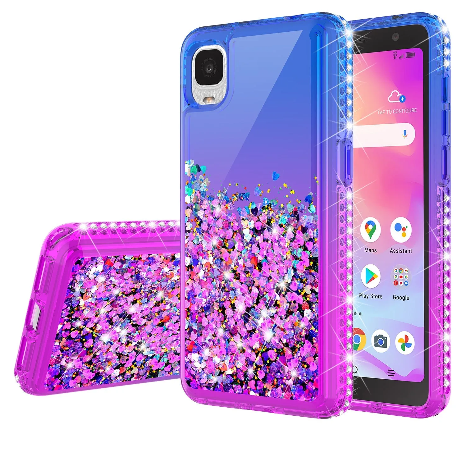 For TCL ION Z/A3 Case Liquid Glitter Phone Case Waterfall Floating Quicksand Bling Sparkle Cute Protective Girls Women Cover for TCL ION Z/A3 W/Temper Glass -  (Blue/Purple Gradient)