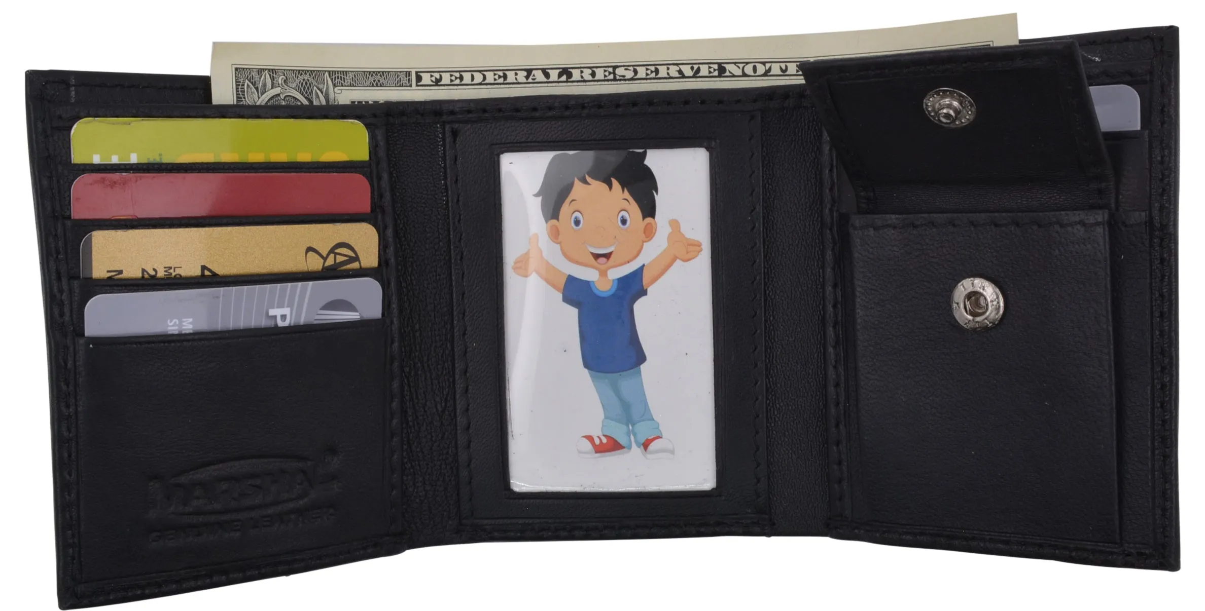 Genuine Leather Kids Slim Compact ID and Coin Pocket Trifold Boys Black Wallet