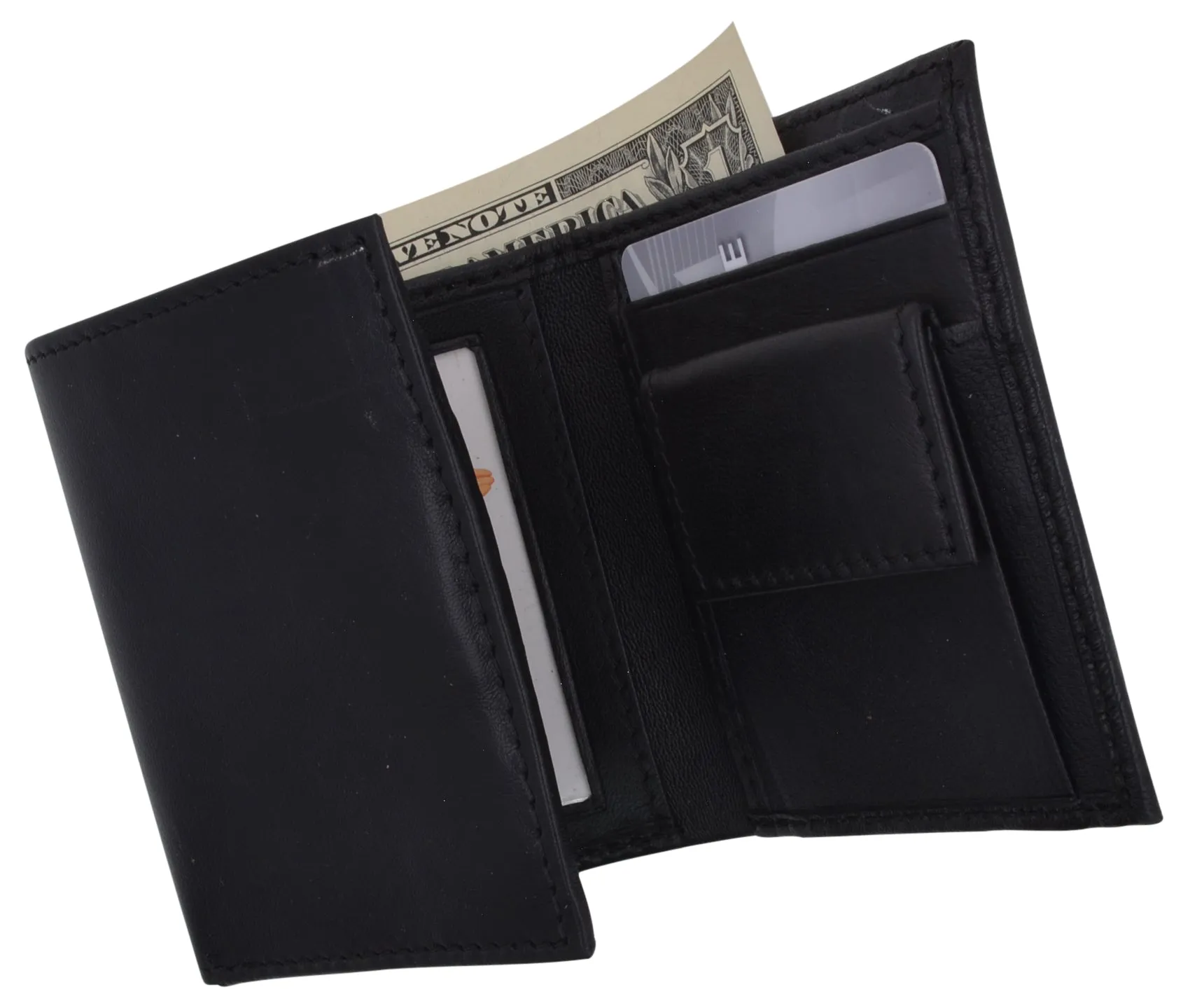 Genuine Leather Kids Slim Compact ID and Coin Pocket Trifold Boys Black Wallet