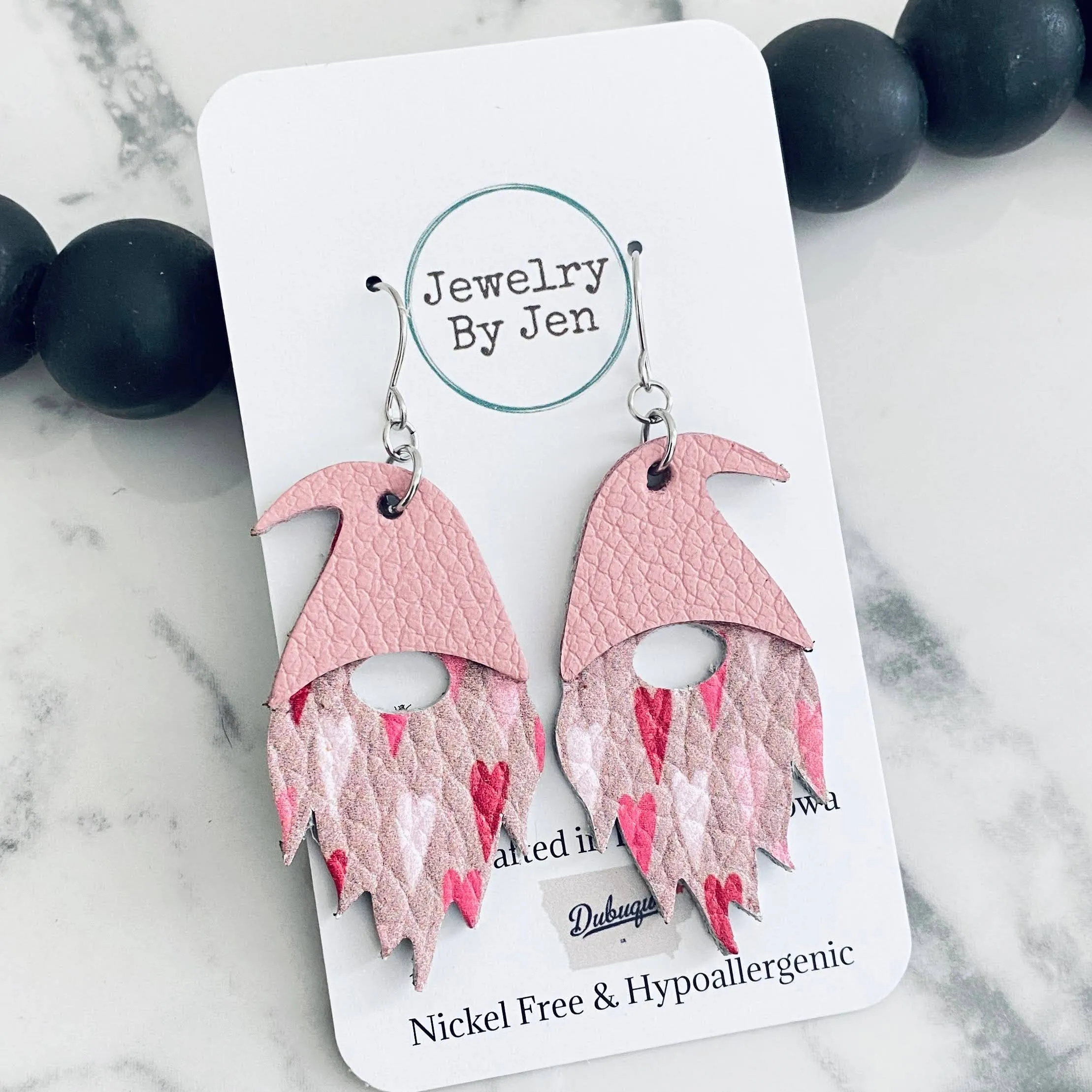 Gnome Earrings: Simple Hearts w/Pink Hat