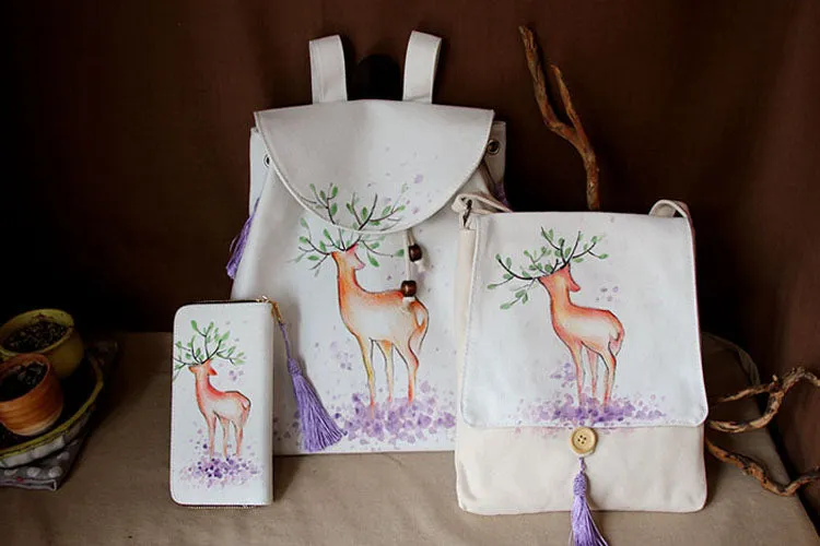 Hand Painted Deer Pattern Chinese Style Canvas Backpack