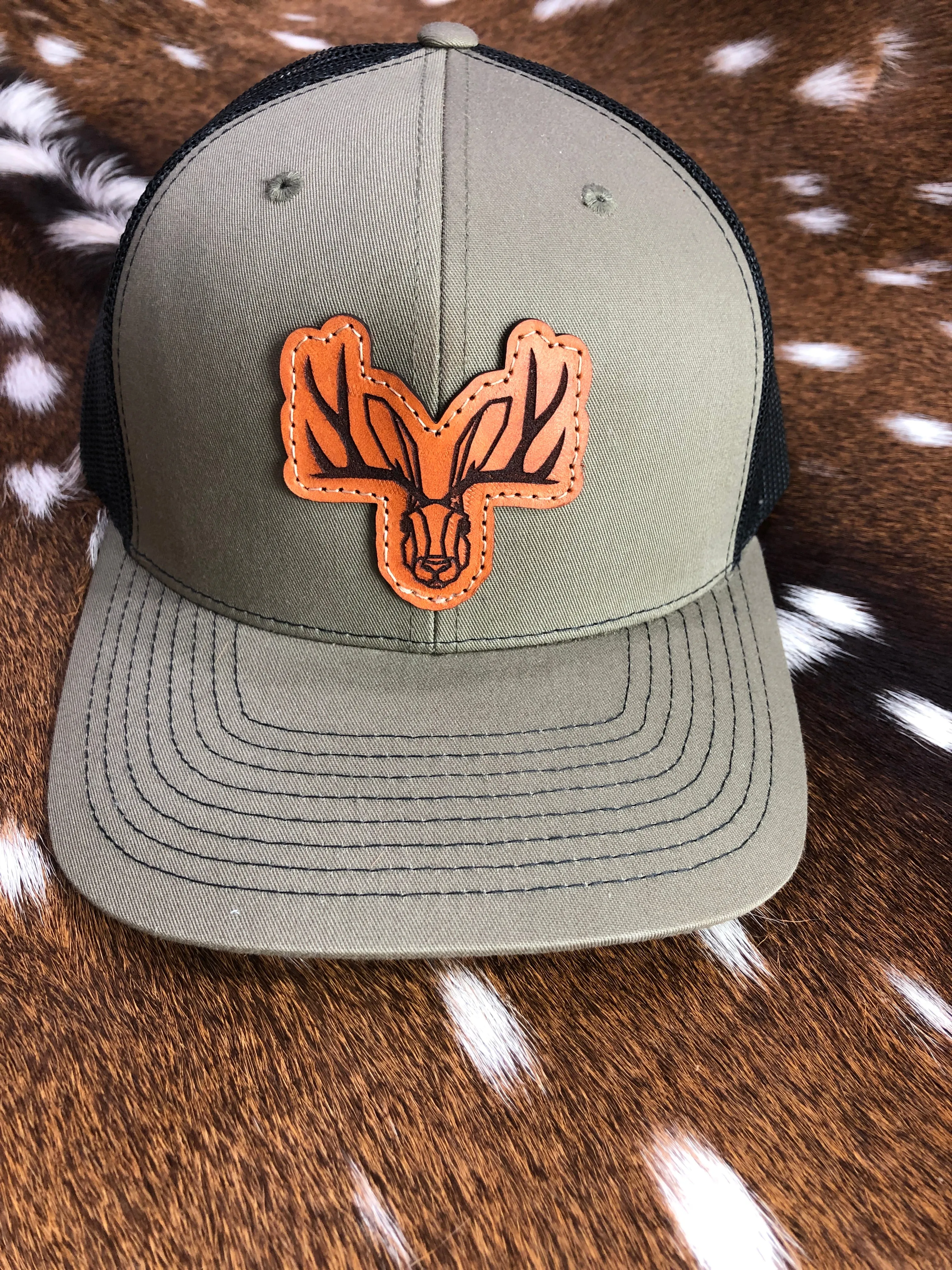 Handcrafted Unisex Jackalope Leather Patch Trucker Hat