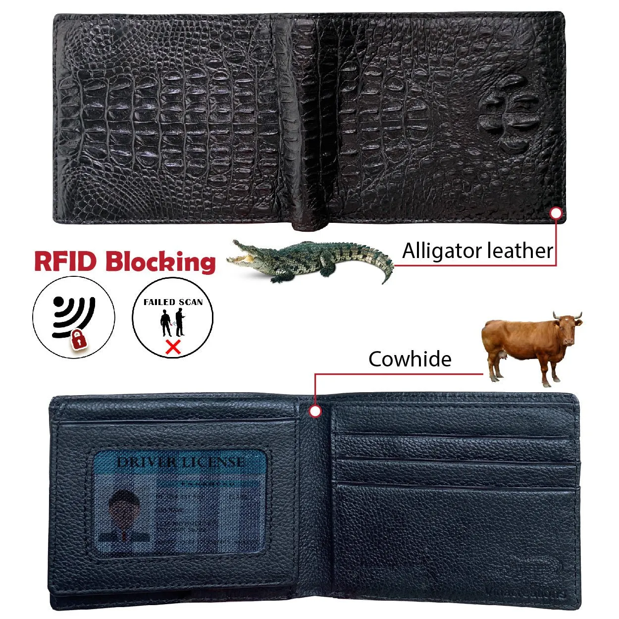 Handmade Black Alligator Hornback Bifold Wallet RFID Blocking  for Men | VINAM-43