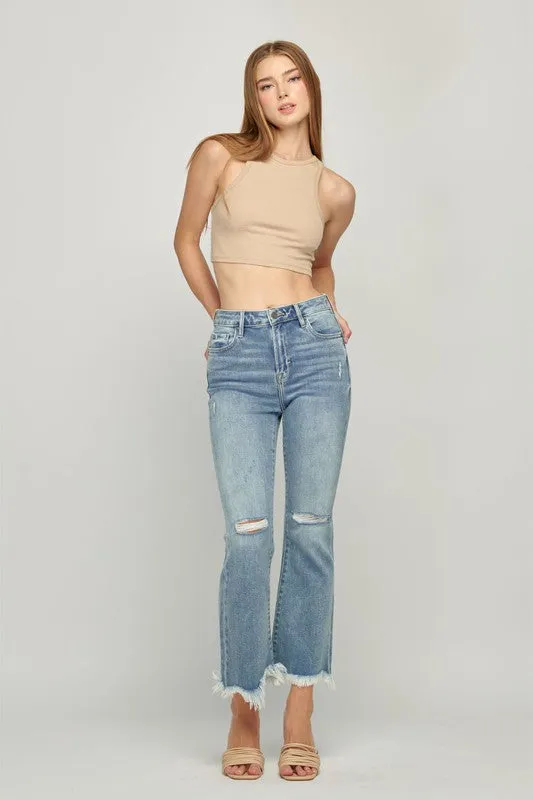 Hidden Light Wash Distressed Cropped Frayed Flare