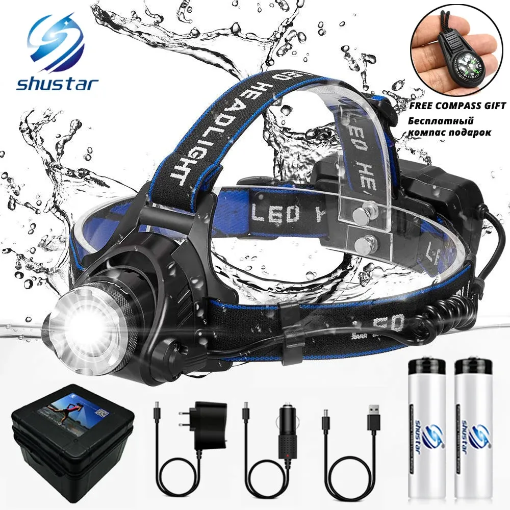 High power LED Headlamp Fishing Headlight 3 Modes Zoomable Waterproof Super bright camping light Powered by 2x18650 batteries