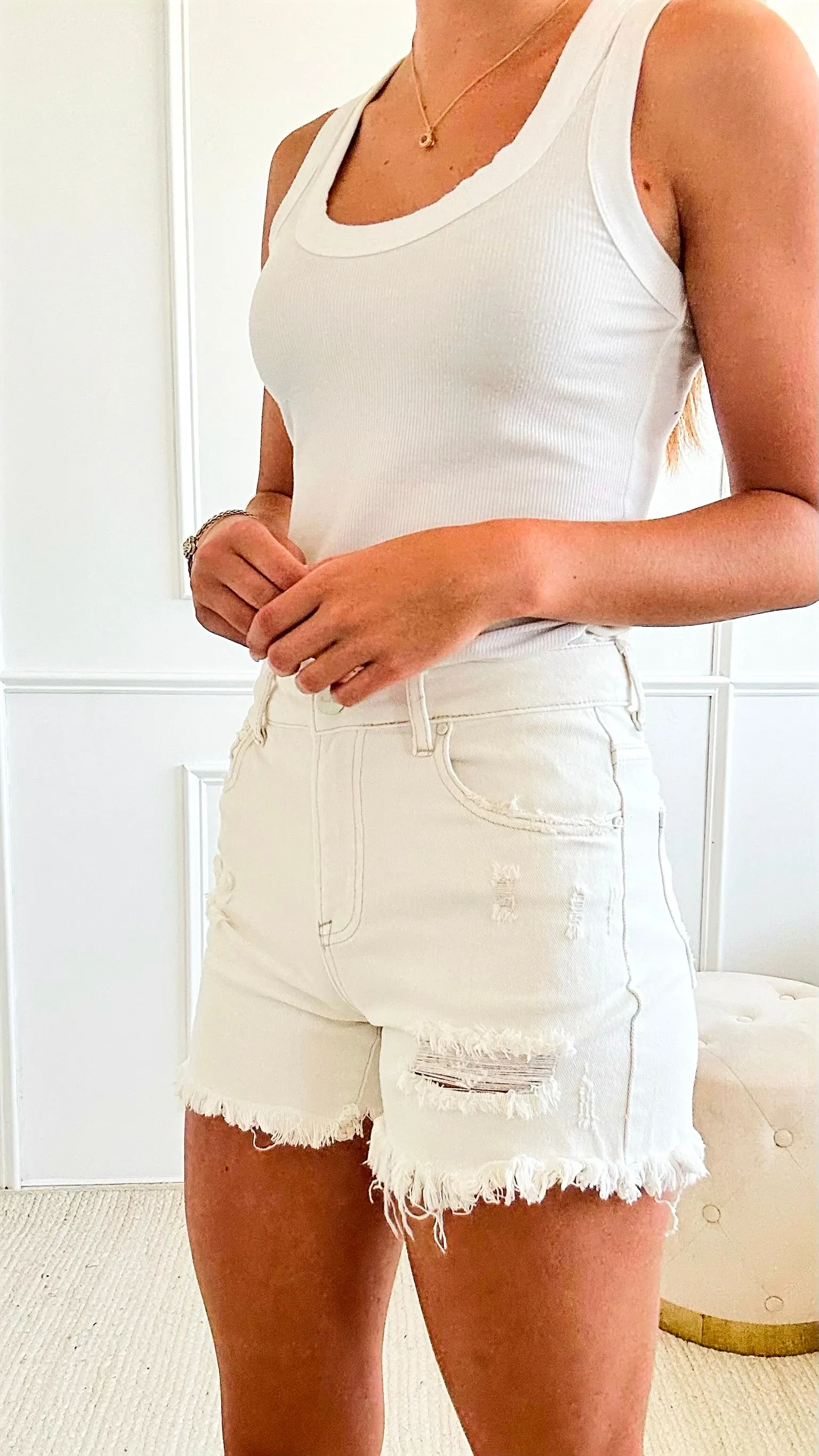 High Rise Frayed Denim Shorts-Cream