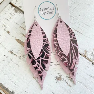 Jagged Feather Earrings - Pink Lilac & Plum Tooled