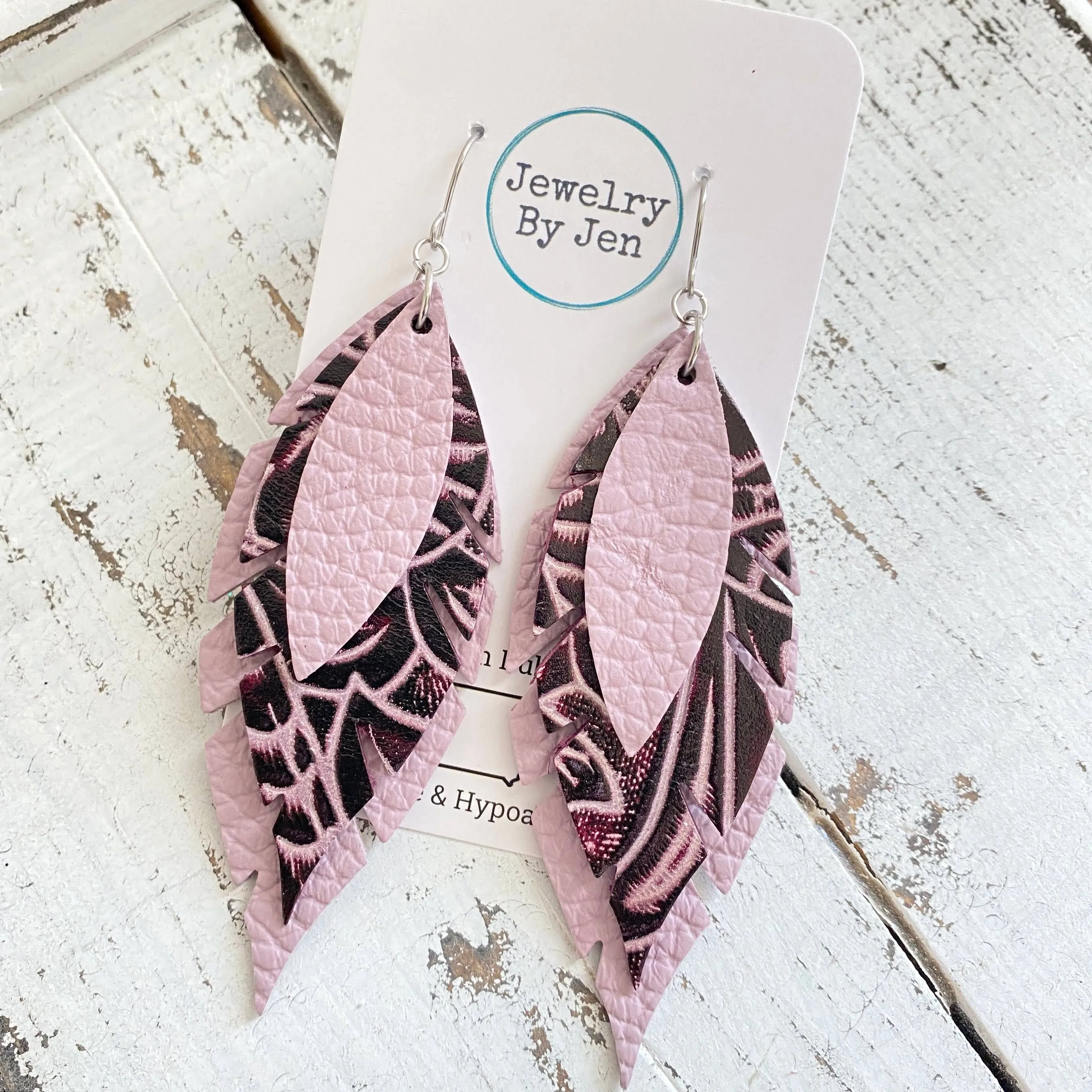 Jagged Feather Earrings - Pink Lilac & Plum Tooled