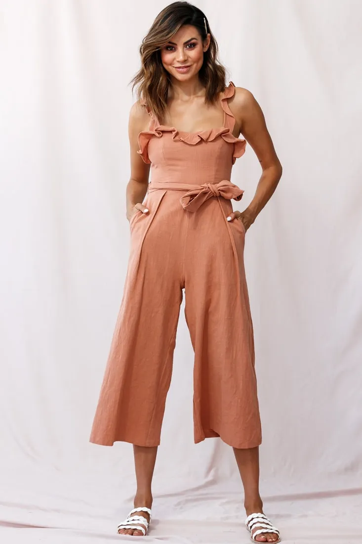 Kaia Ruffle Strap Wide-Leg Capri Jumpsuit Tan