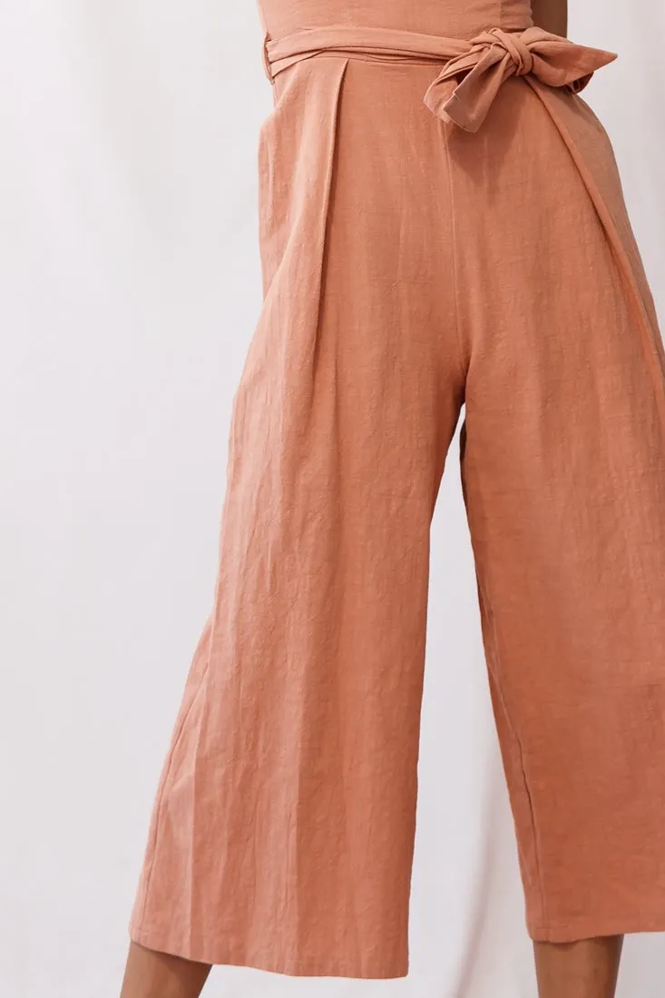 Kaia Ruffle Strap Wide-Leg Capri Jumpsuit Tan