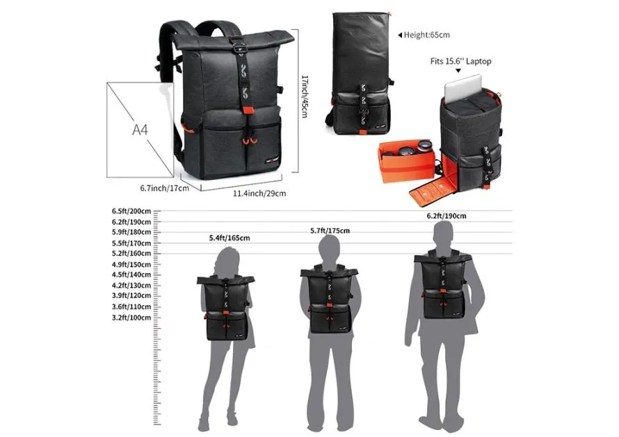 K&F Concept KF13-096V1 Camera Backpack for DSLR Cameras with 15 inch Laptop Compartment