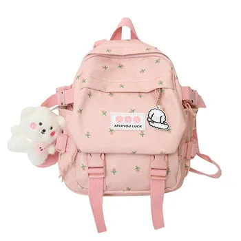 Kawaii Floral Petite Backpack and Cuddly Plush Pendant