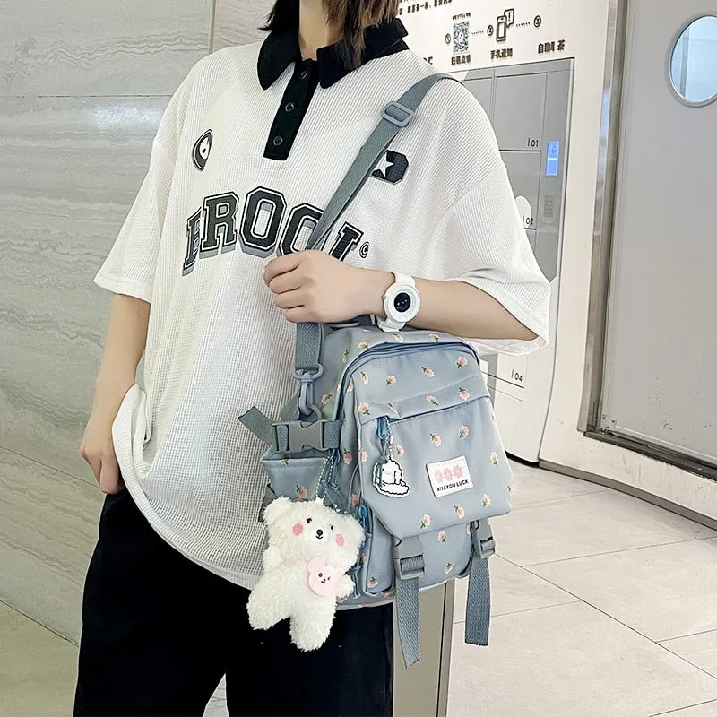 Kawaii Floral Petite Backpack and Cuddly Plush Pendant